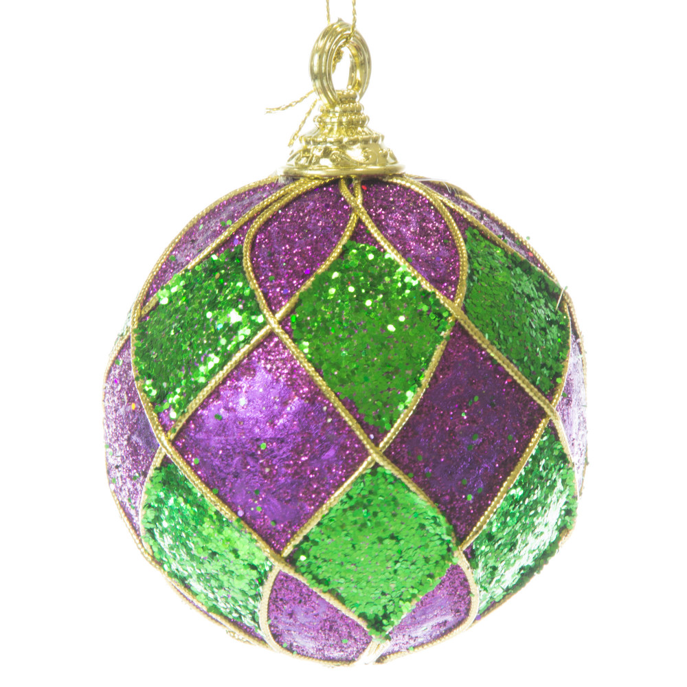 100mm Diamond Pattern Ball Ornament: Purple, Green, Gold