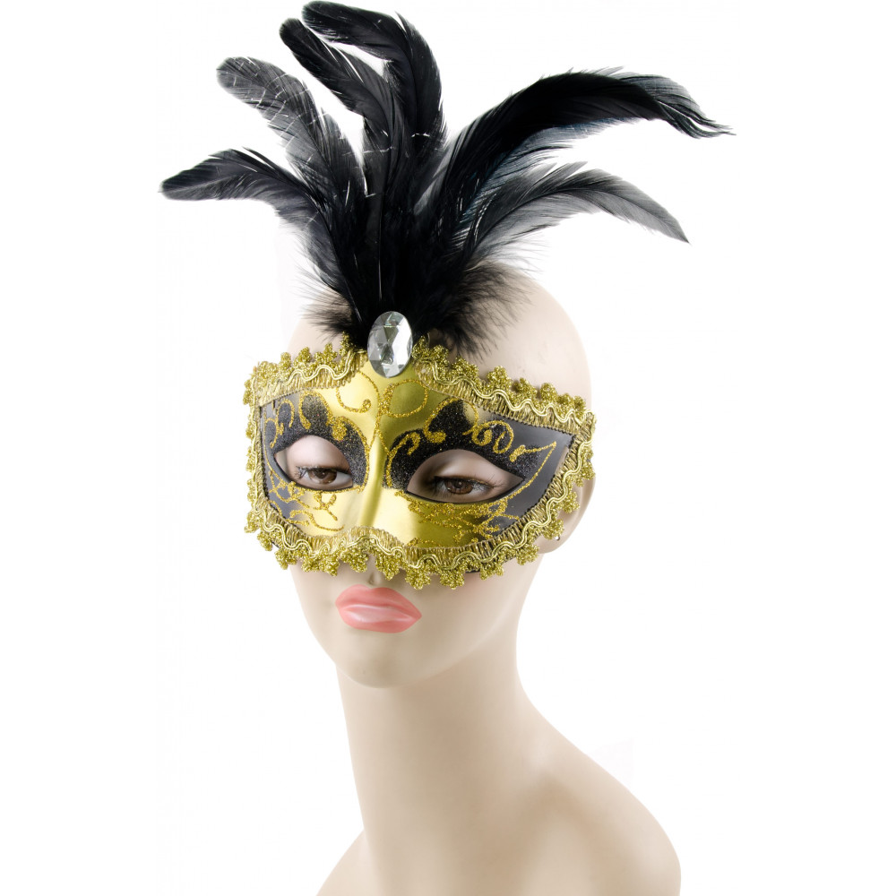 Glitter Mardi Gras Feather Mask Geometric: Gold [R24590-GD] 