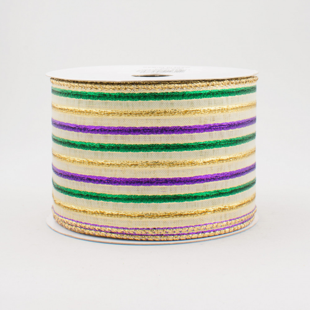 2.5 Woven Stripe Ribbon: Mardi Gras (10 Yards)