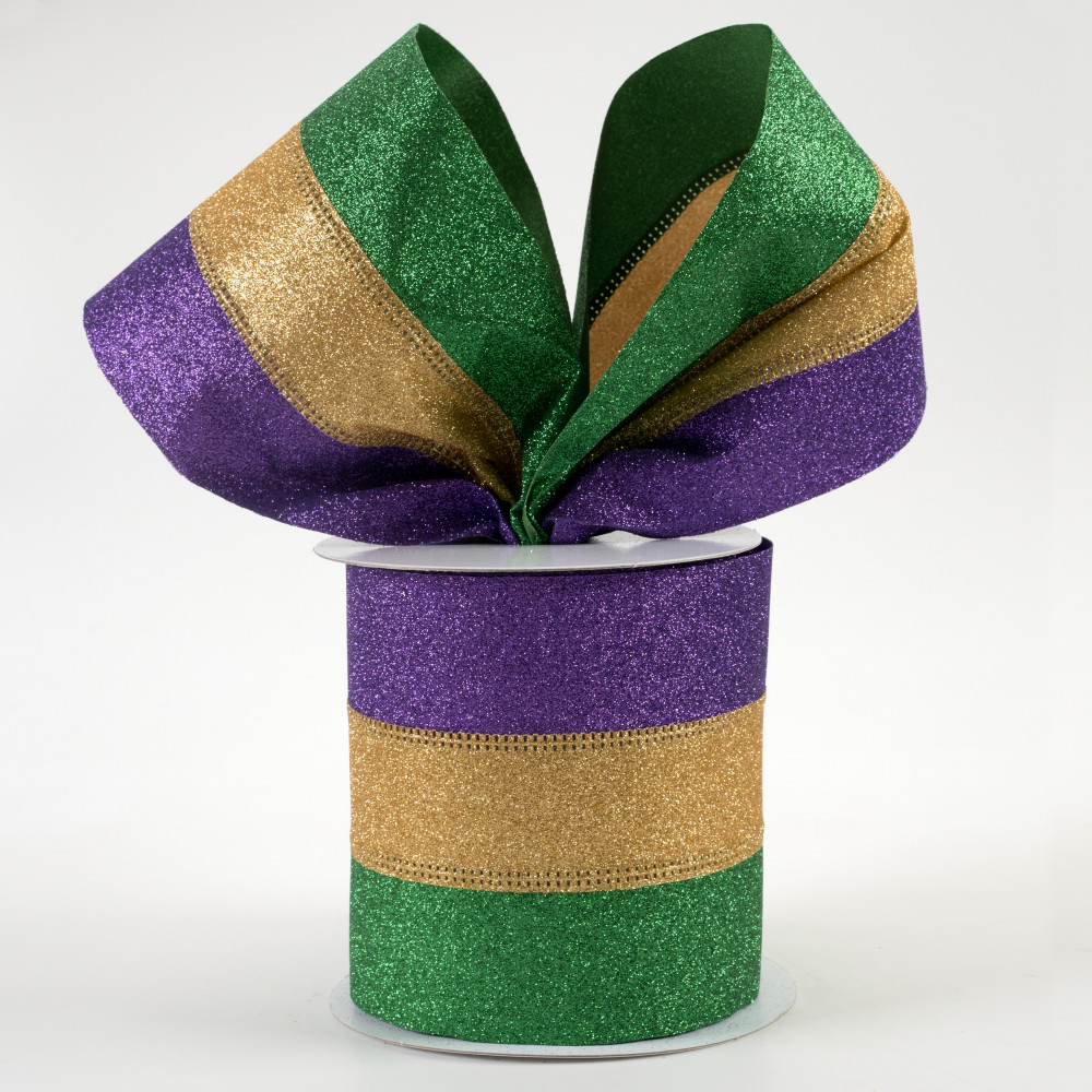 6 Rolls 2.5inch Mardi Gras Wired Edge Ribbon Purple Gold And Green Stripe  Ribbon Glitter Metallic Wrapping Ribbon For Mardi Gras Masquerade Party  Decoration (Artsy Pattern)