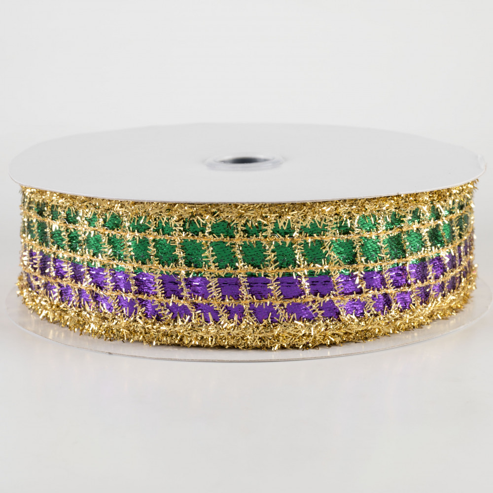 1.5 Wide Gold Stripe Mardi Gras Glitter Ribbon