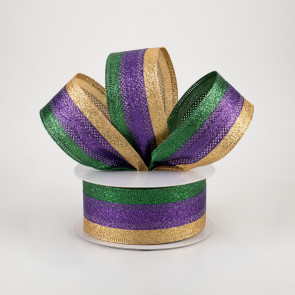 Mardi Gras Glitter Chevron Ribbon, Purple/Emerald Green/Gold, Wired Ribbon,  2.5